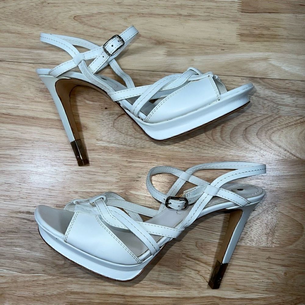 Celine, White Stiletto High Heeled Strappy Sandal Pumps Ankle Buckle Women’s 9.5